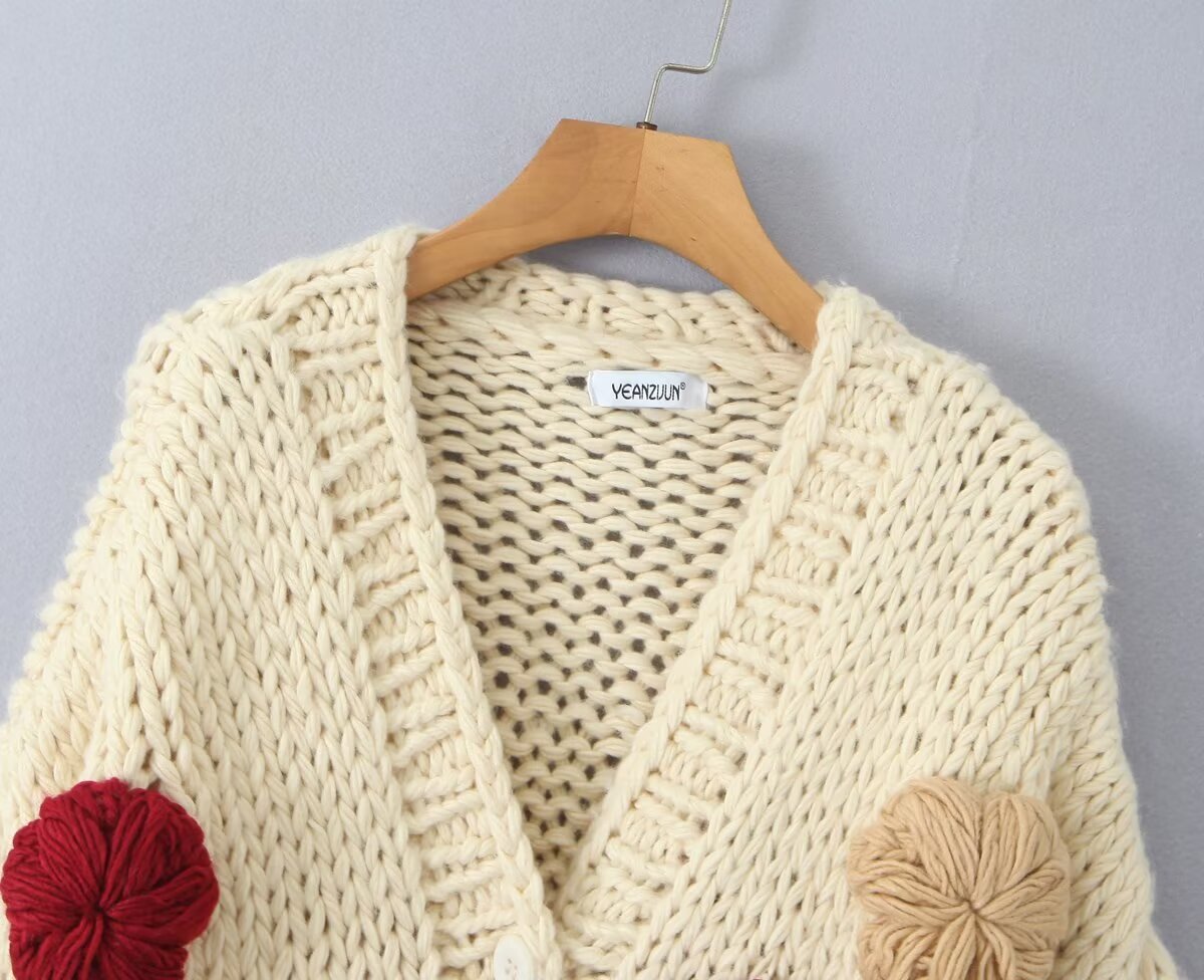 Thick Needle Floral Decorative Cardigan Women Loose-Fitting Comfortable Sweater