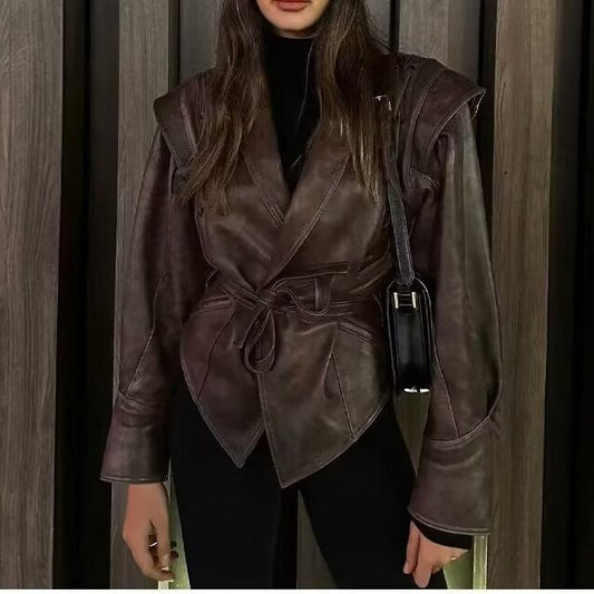 Manteau en cuir rétro pour femme, vêtement d'automne et d'hiver, design de rue