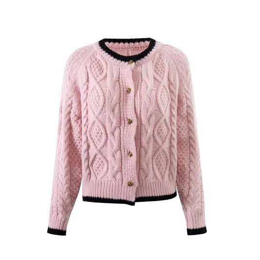 Fall round Neck Color Matching Single Breasted Long Sleeve Knitwear Women Loose Diamond Lattice Twist Cardigan Sweater