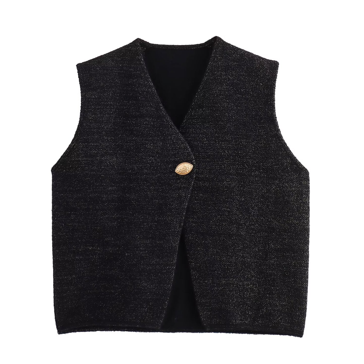 Gilet tricoté en coton double face sans manches avec boucle en feuille mélangée à fil d'or français pour femme