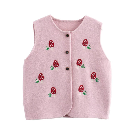 Gilet tricoté en coton double face pour femme, style rétro, décontracté, simple, fraise