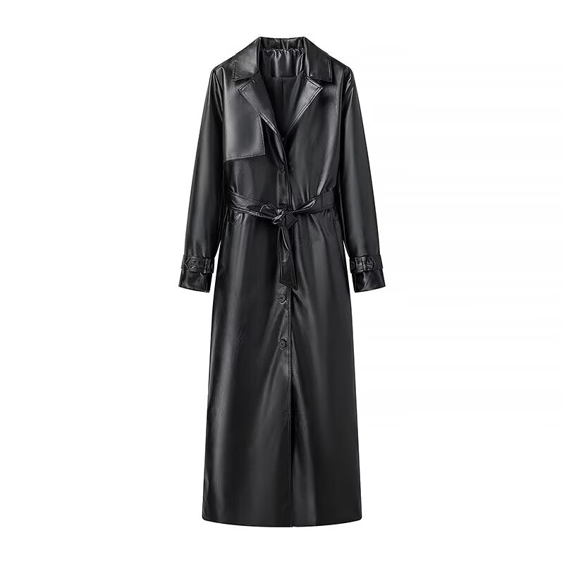 Women Clothing French Faux Leather Faux Leather Black Tie Loose Long Trench Coat