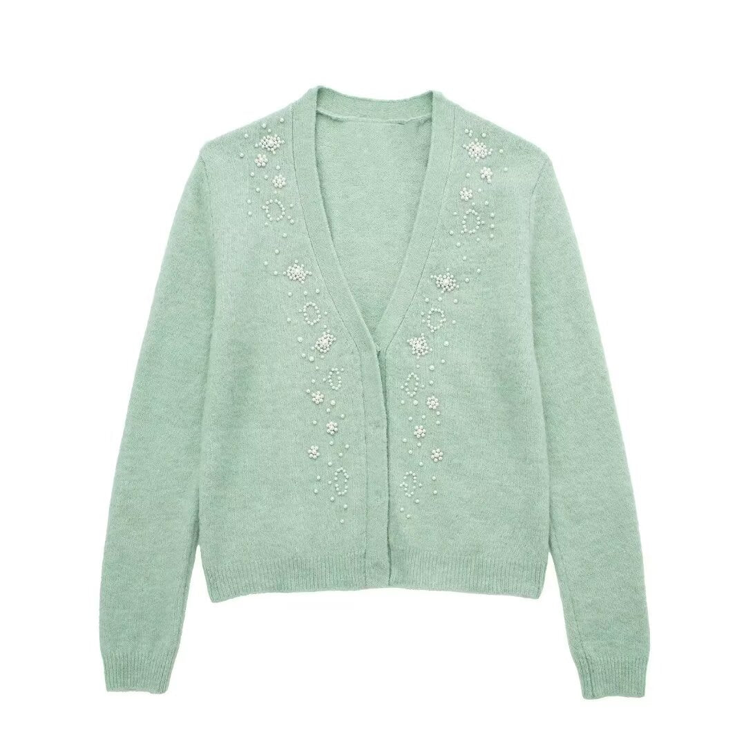 Sweet Decorated Pearls Knitted Cardigan Coat Artificial Pearl Knitted Short Vest Two Piece Sling Top Women