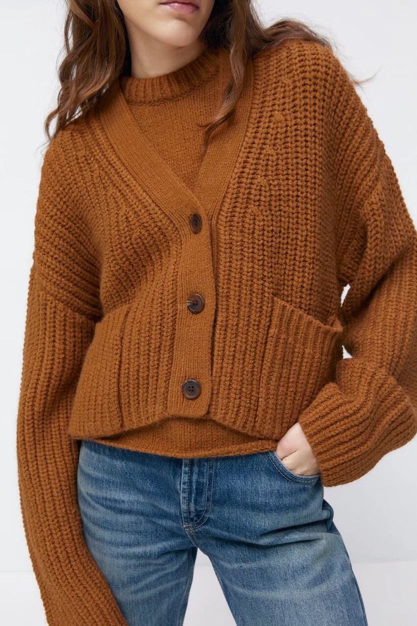 Abrigo de punto decorativo con bolsillos sencillos para mujer, ropa de otoño e invierno