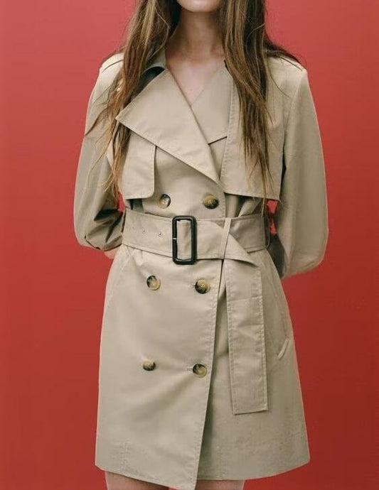 Trench-Coat Femme Automne Élégant Sexy Col Croisé Double Boutonnage Taille Serrée Mi-Longueur Facile À Assortir Manteau