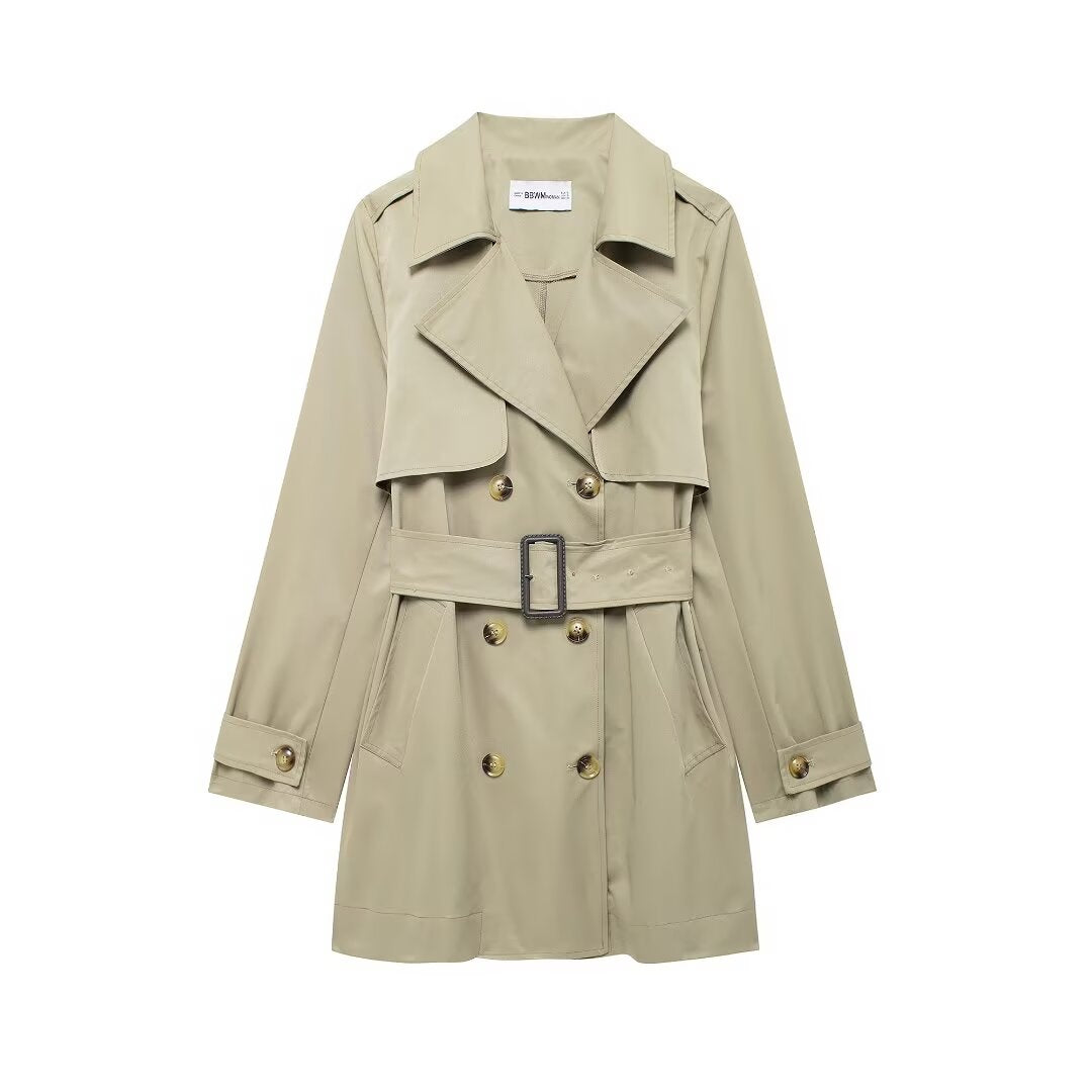 Trench-Coat Femme Automne Élégant Sexy Col Croisé Double Boutonnage Taille Serrée Mi-Longueur Facile À Assortir Manteau