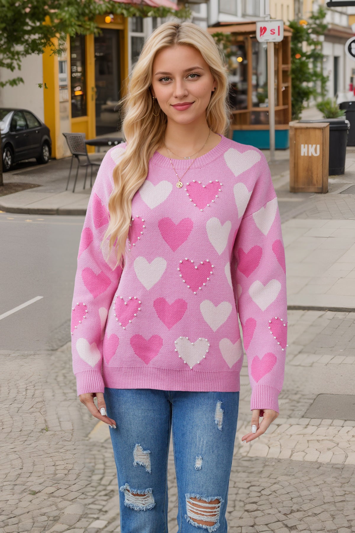 Pull-over pêche à col rond fait main avec perles en forme de cœur pour la Saint-Valentin, automne et hiver