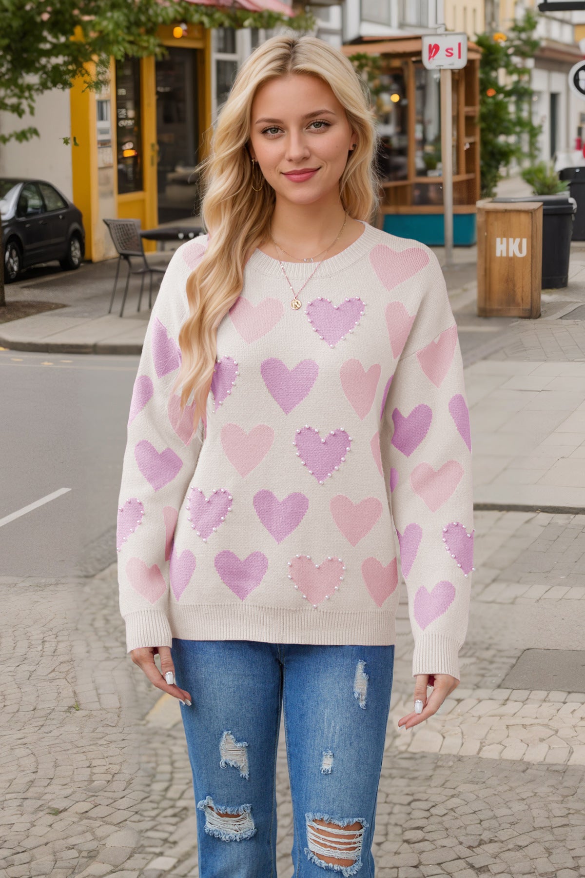 Pull-over pêche à col rond fait main avec perles en forme de cœur pour la Saint-Valentin, automne et hiver