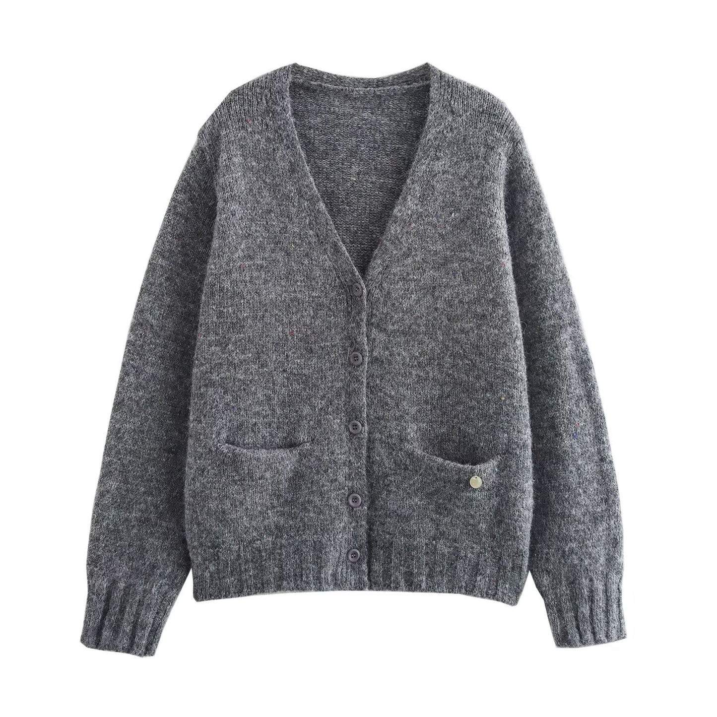 Vêtements pour femmes automne hiver paresseux Fengcai Point Pocket col en V tricoté pull cardigan manteau