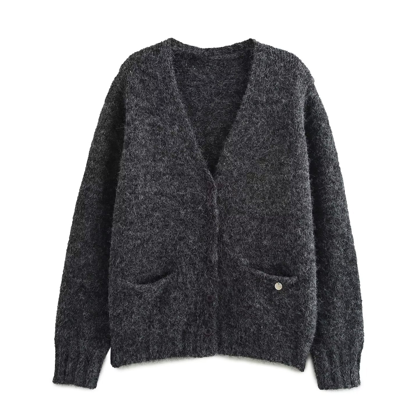 Vêtements pour femmes automne hiver paresseux Fengcai Point Pocket col en V tricoté pull cardigan manteau