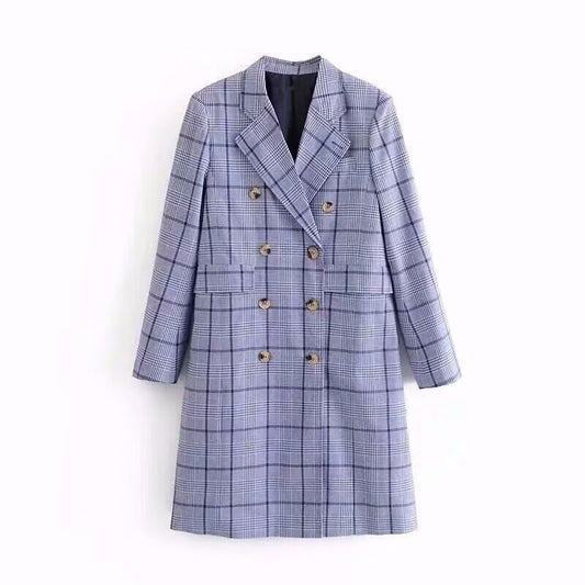 Manteau à carreaux bleu pour femme, long trench-coat de bureau