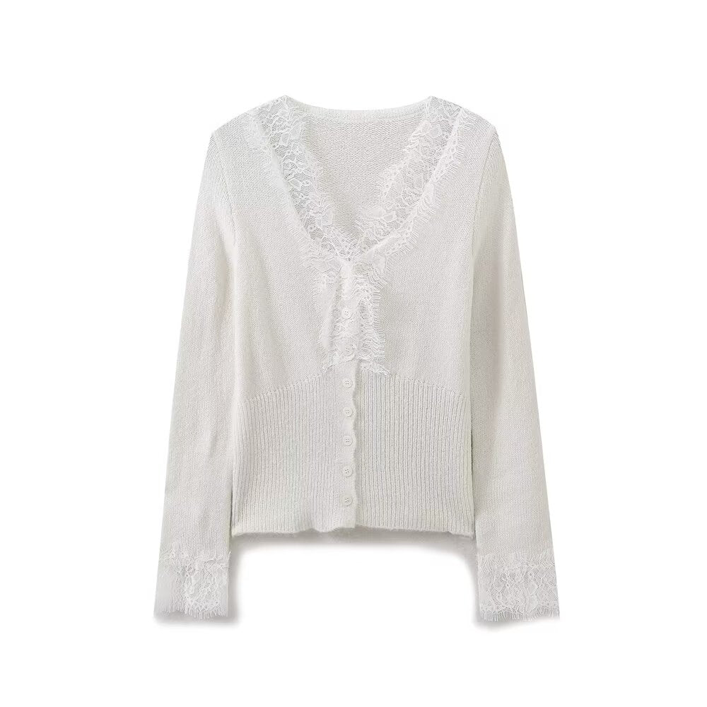 Autumn Lace Stitching Two Color Decorated Row Button Knitted Cardigan