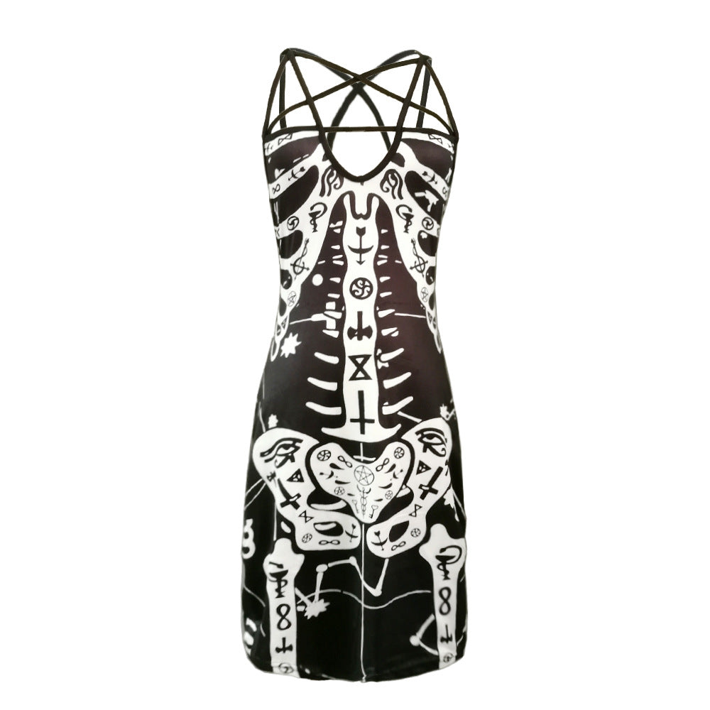 Women Halloween Cross Sling Skull Bones Printed Sexy Dress