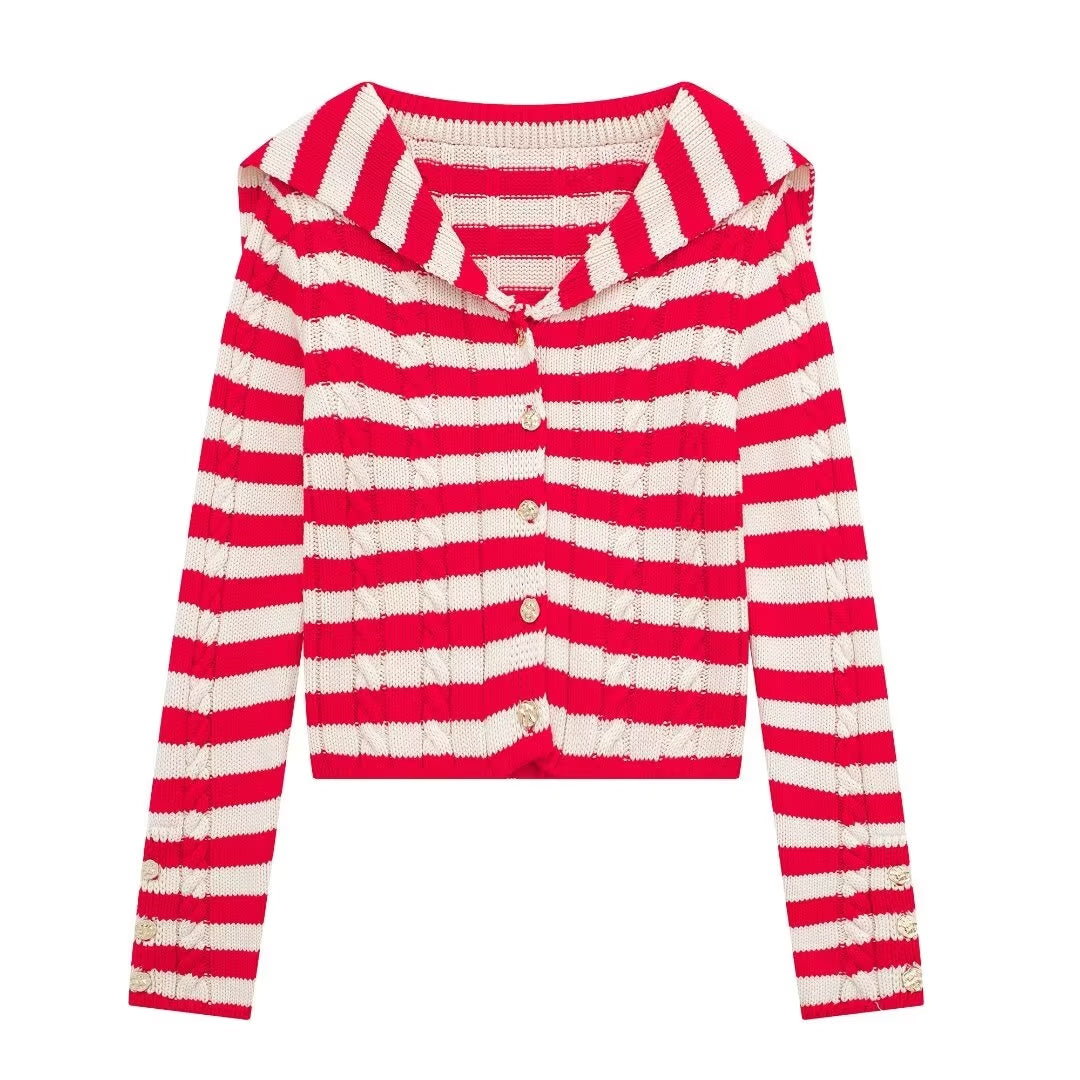 Women Striped Hooded Eight Strand Woven Loose Knitted Coat