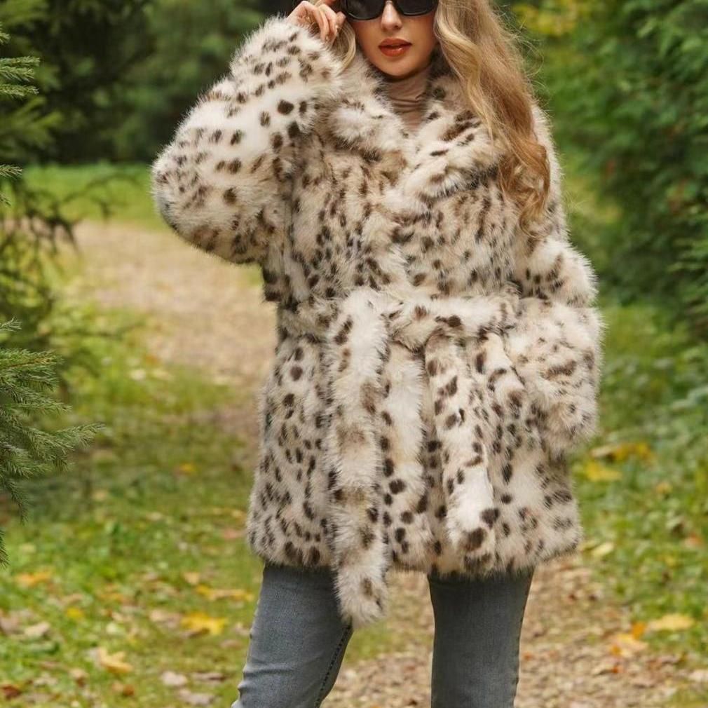 Abrigo con estampado de leopardo y piel sintética para otoño e invierno, cuello, cinturón, largo medio, para mujer