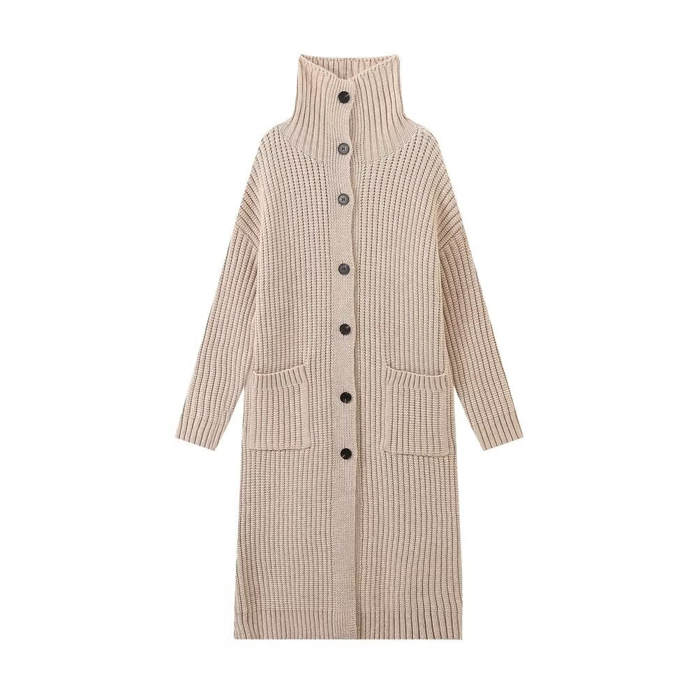 Manteau tricoté simple et décontracté pour femme, vêtement d'automne, col montant, barre verticale décorée, rangée de boutons