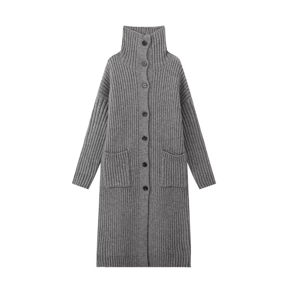 Manteau tricoté simple et décontracté pour femme, vêtement d'automne, col montant, barre verticale décorée, rangée de boutons