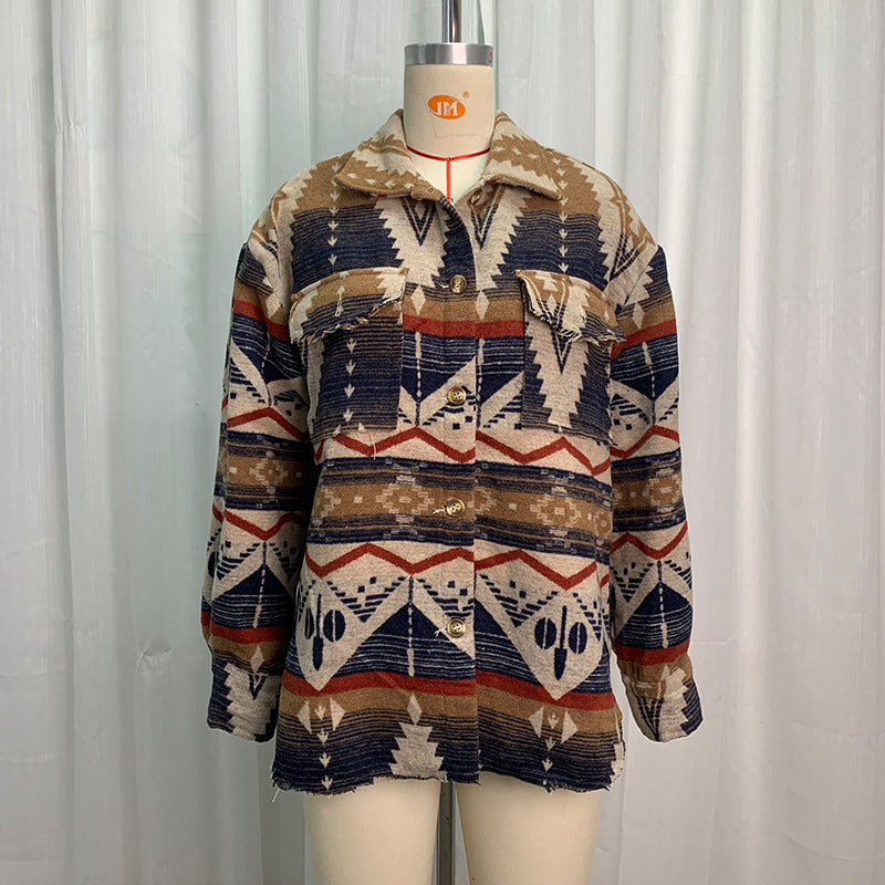 Autumn Winter Aztec Jacket Thick Retro Aztec Printed Woolen Coat