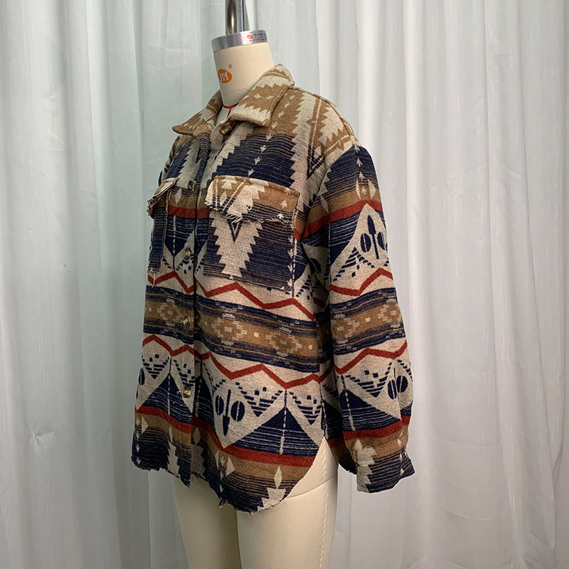 Chaqueta azteca de otoño e invierno, abrigo grueso de lana con estampado azteca retro