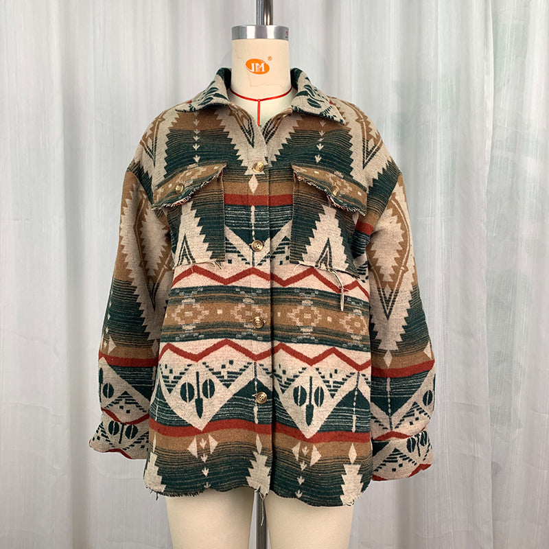 Autumn Winter Aztec Jacket Thick Retro Aztec Printed Woolen Coat