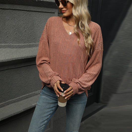 Autumn Winter Solid Color V Neck Loose Long Sleeved T Shirt Top Women