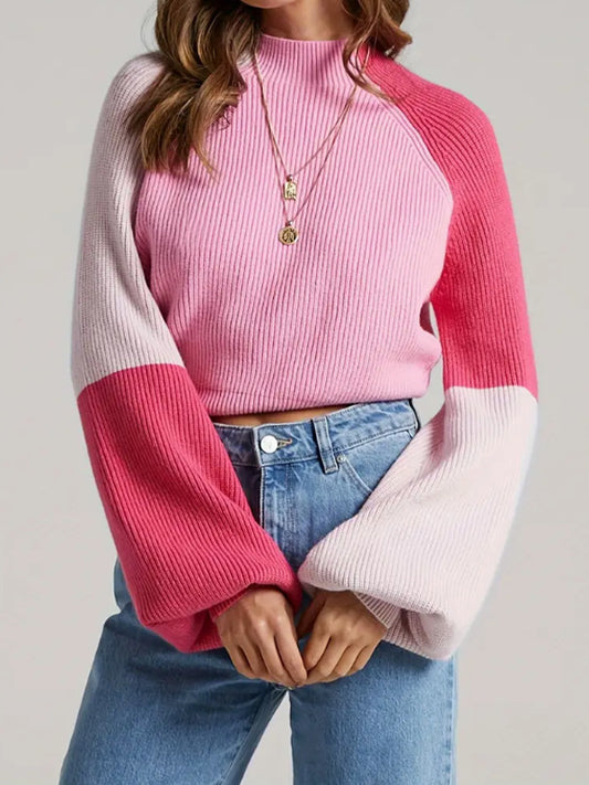 Suéter de punto para mujer, jersey holgado de color contrastante a juego para otoño e invierno