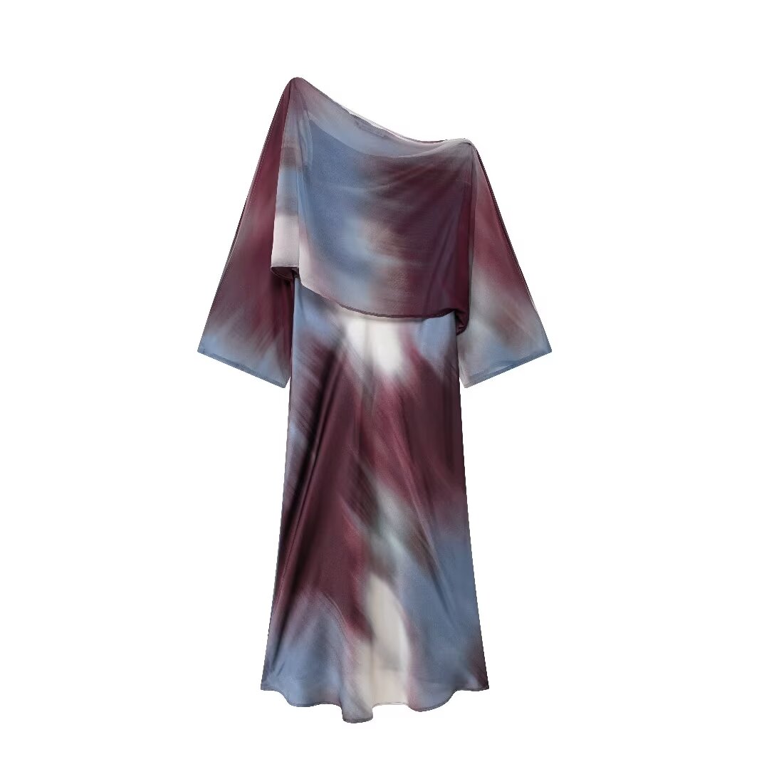 Robe longue en satin de soie imprimée à décoration laminée pour femme