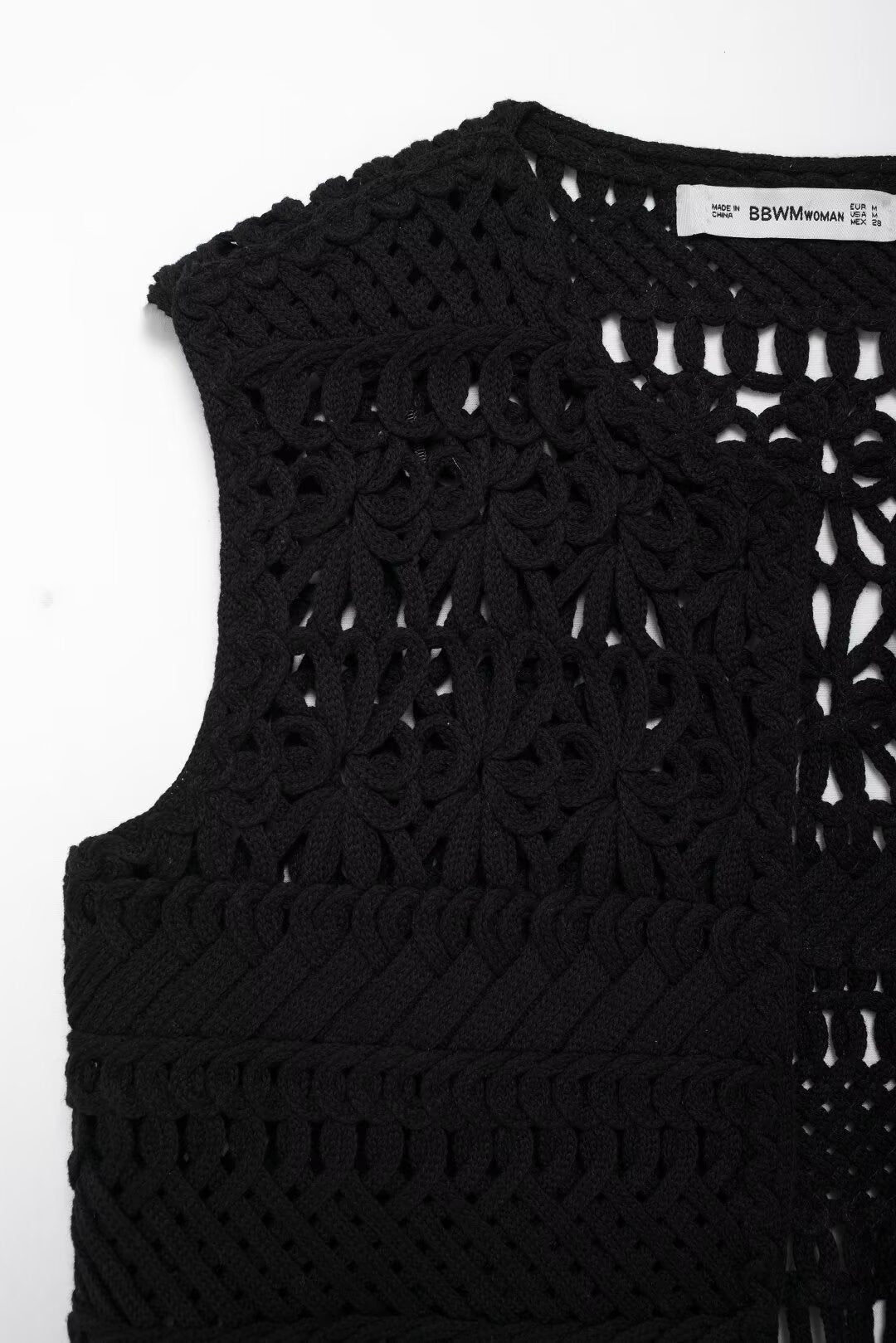 Veste courte en dentelle à pompons tricotés noirs ajourés pour femme