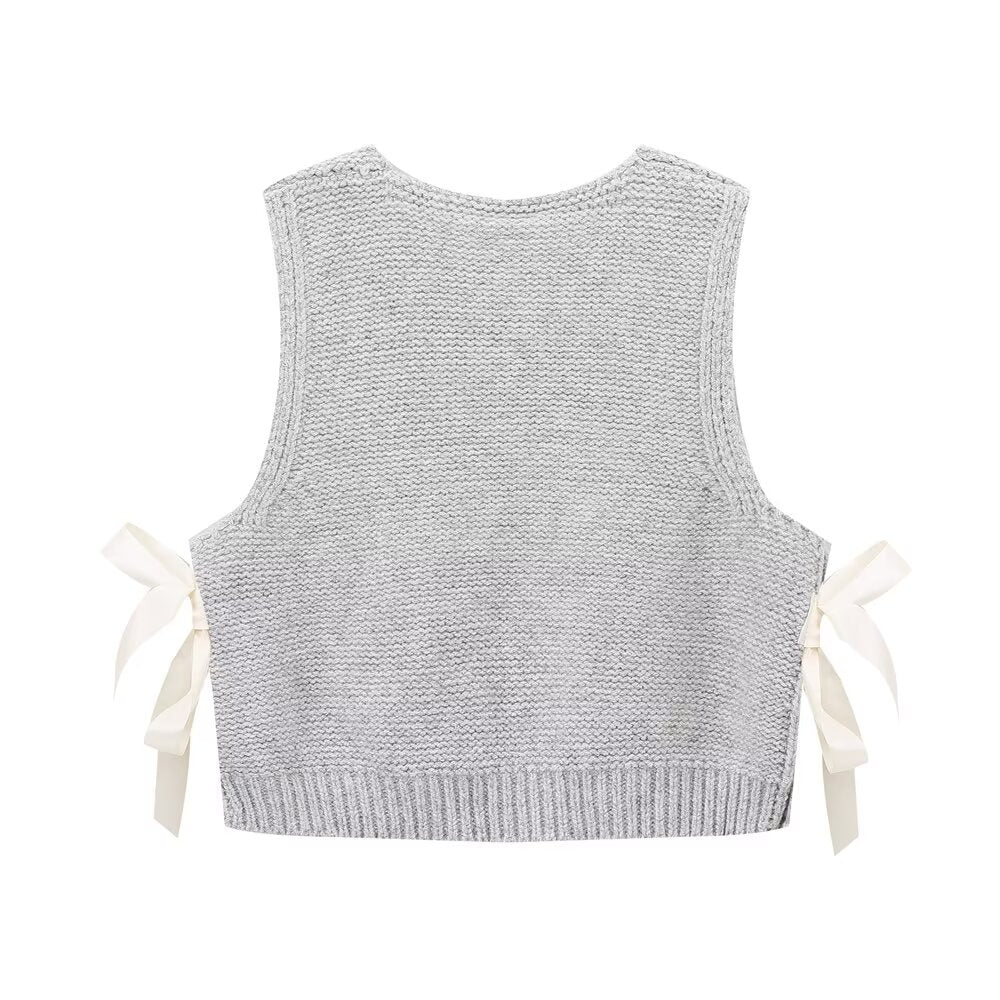 Gilet tricoté à boutons et nœuds latéraux pour femme, vêtement d'automne élégant et simple