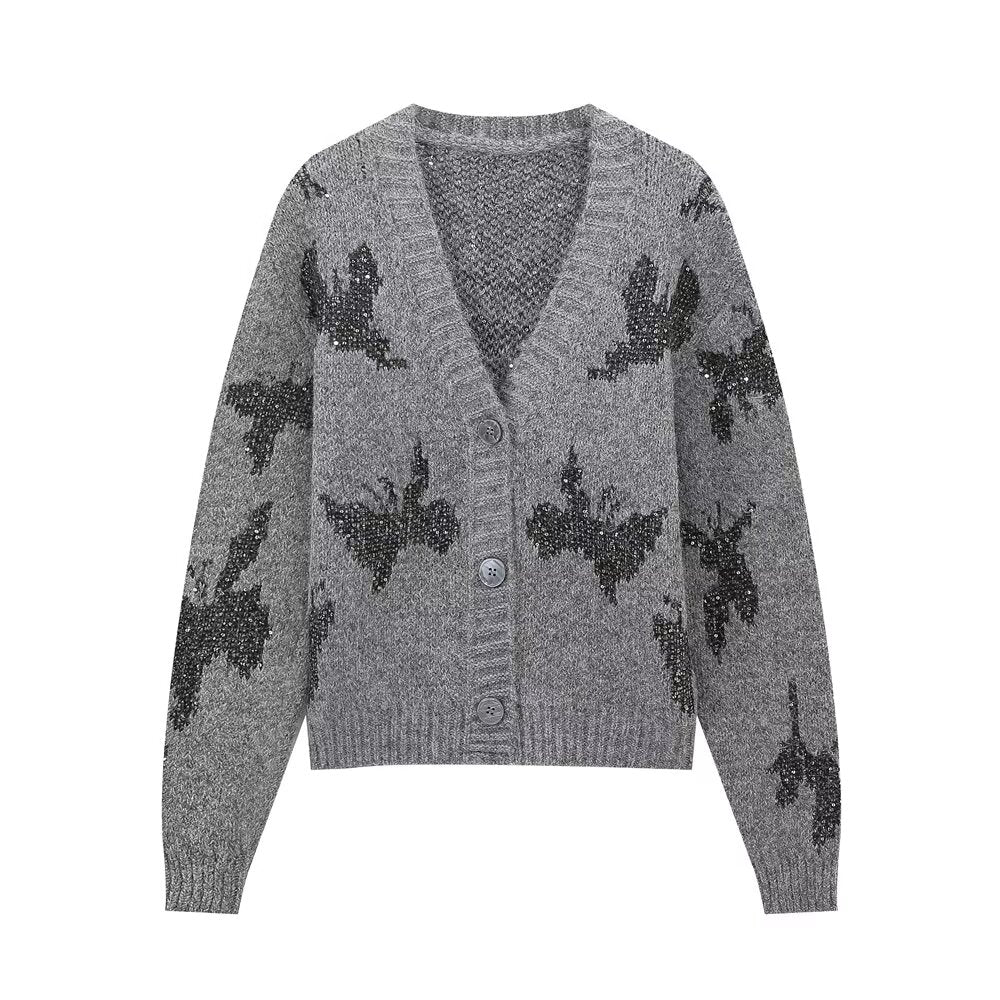 Vêtements pour femmes automne hiver col en V haut cardigan tricoté jacquard à paillettes