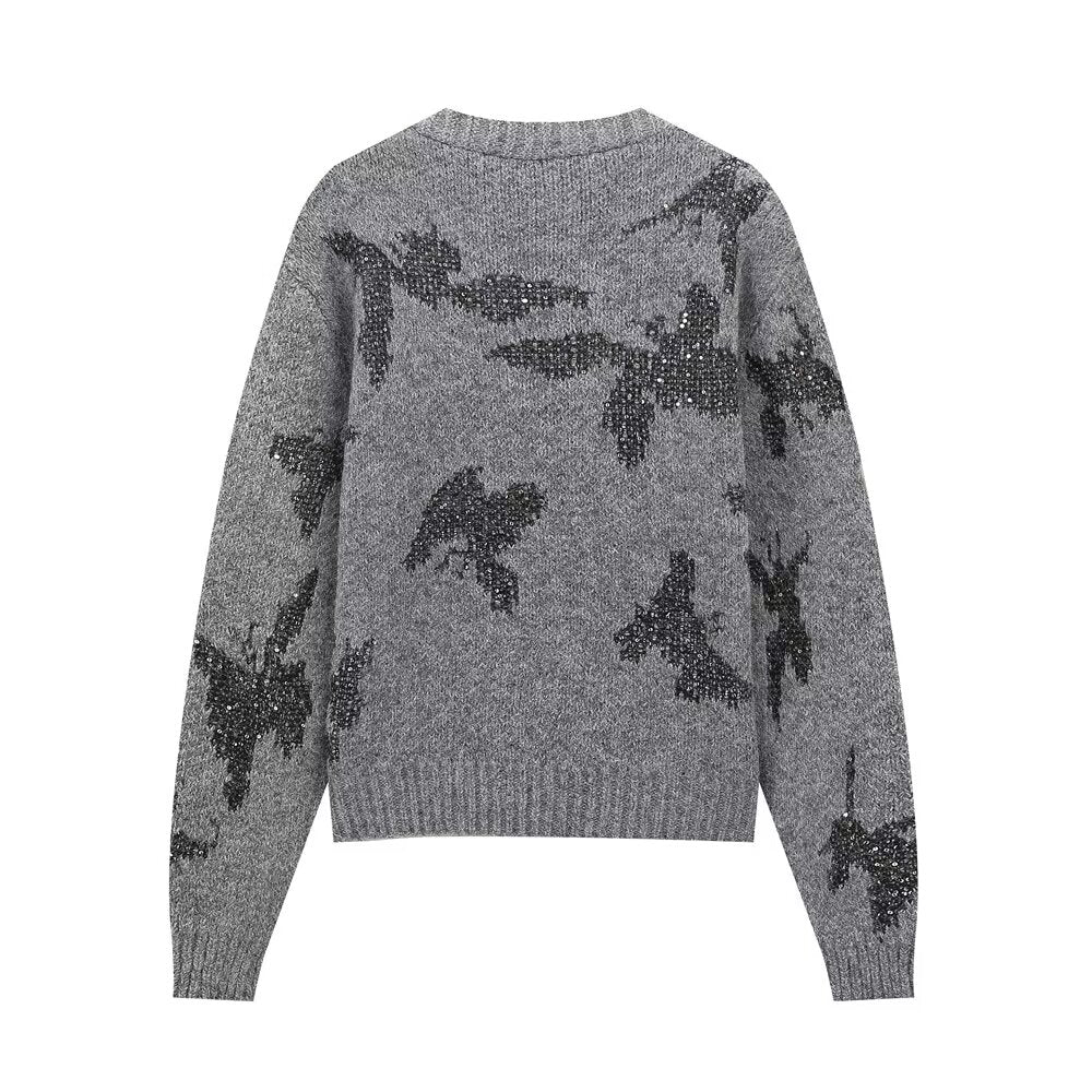 Vêtements pour femmes automne hiver col en V haut cardigan tricoté jacquard à paillettes