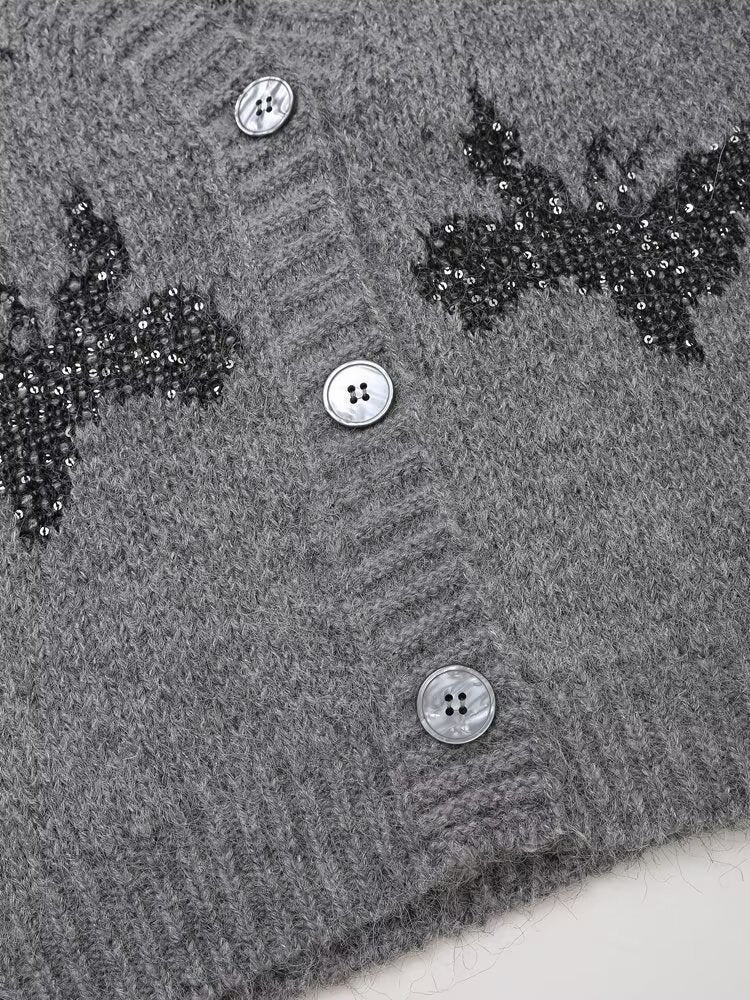 Vêtements pour femmes automne hiver col en V haut cardigan tricoté jacquard à paillettes