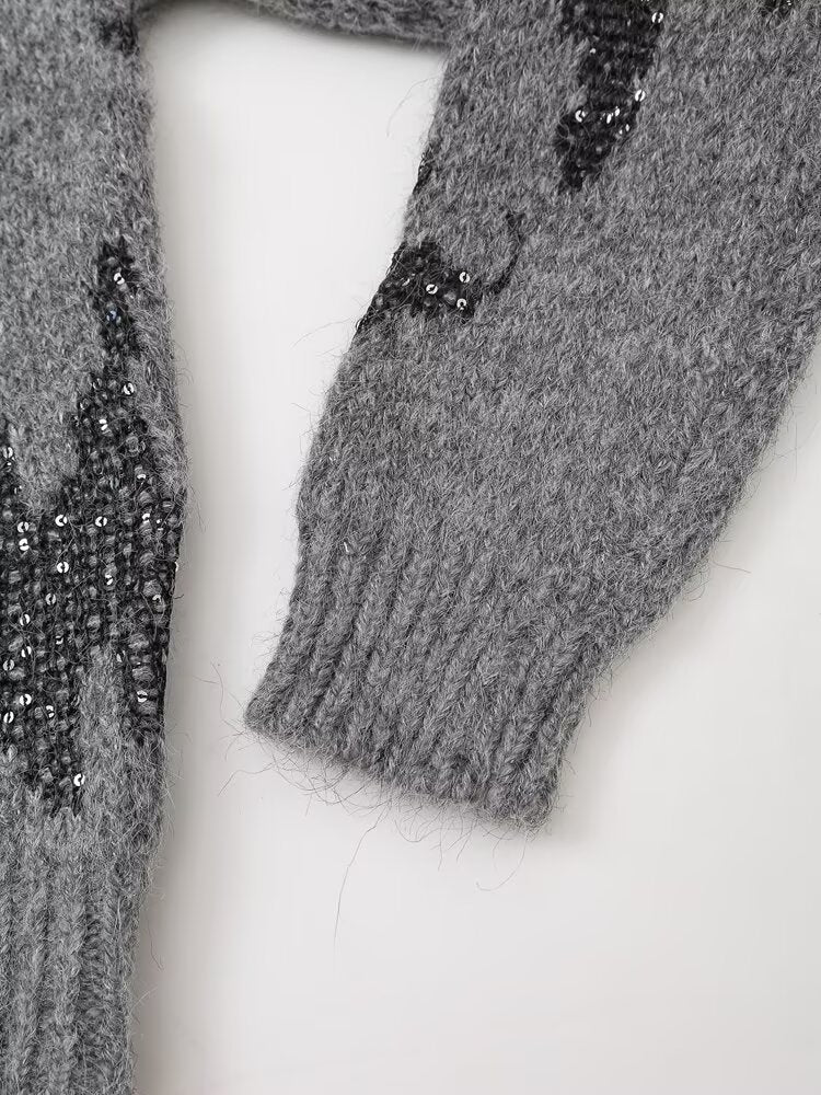 Vêtements pour femmes automne hiver col en V haut cardigan tricoté jacquard à paillettes