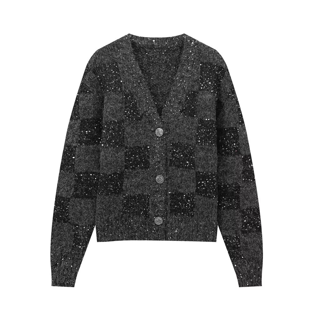 Vêtements pour femmes automne hiver col en V haut cardigan tricoté jacquard à paillettes