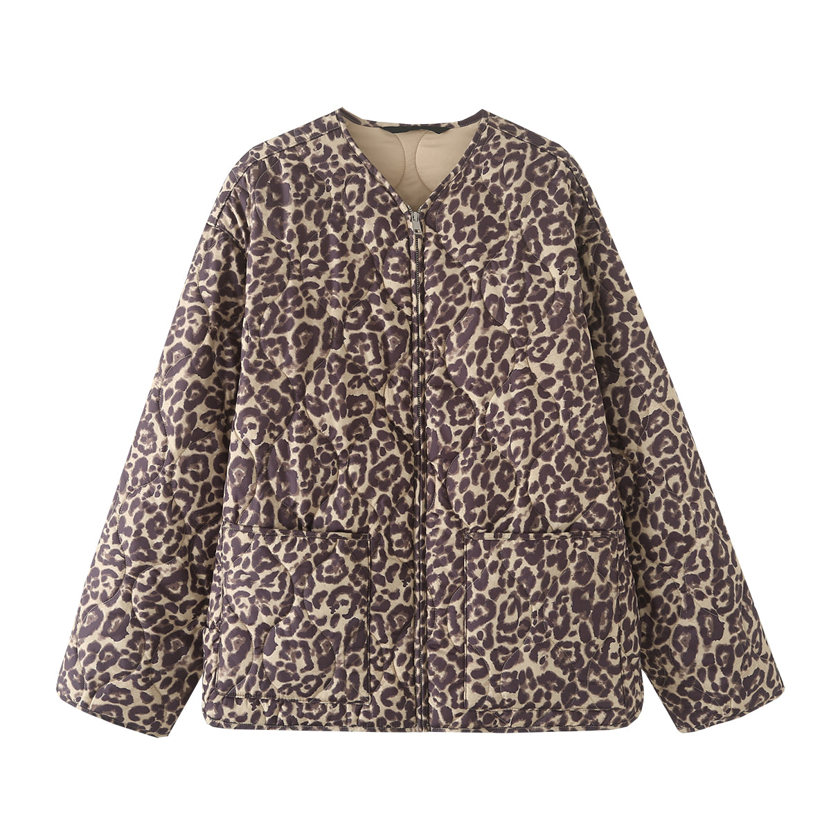 Manteau rembourré en coton à col ras du cou pour femme avec poches zippées et motif animalier