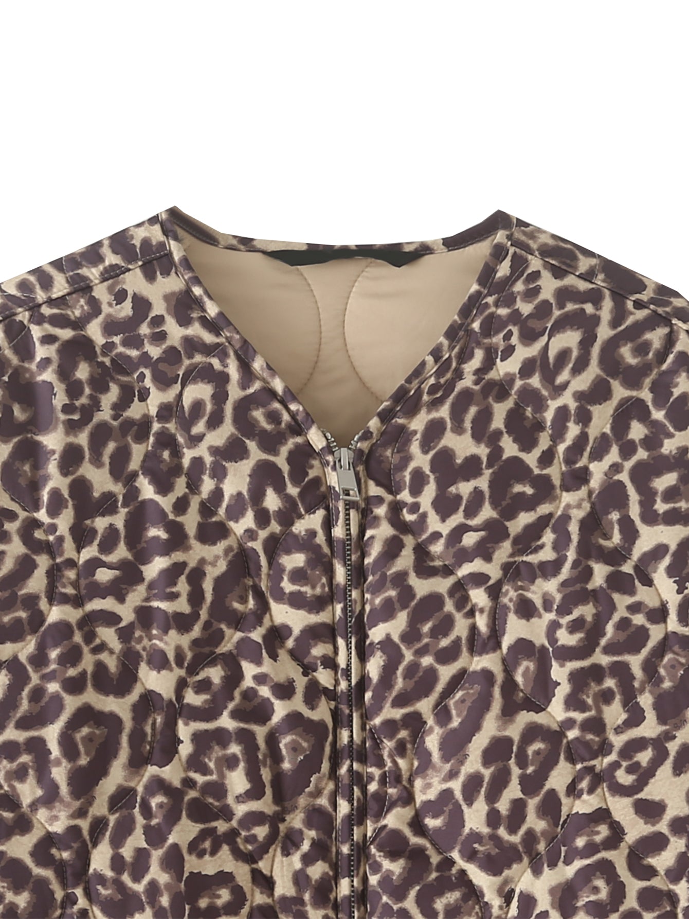 Manteau rembourré en coton à col ras du cou pour femme avec poches zippées et motif animalier