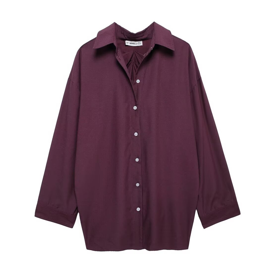 Fall Women Clothing Simple Back Pleated Loose Shirt