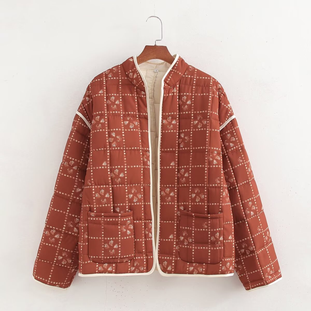 Women Clothing Autumn Winter Printed Silk Line Cotton Coat Jacket