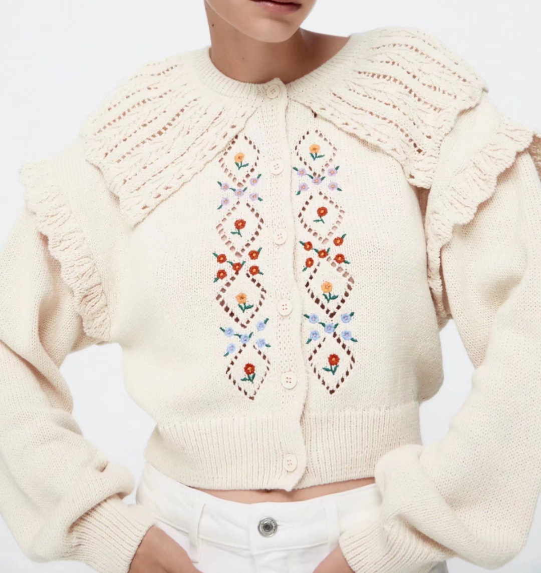 Fall Women Clothing Elegant Embroidery Knitted Sweater