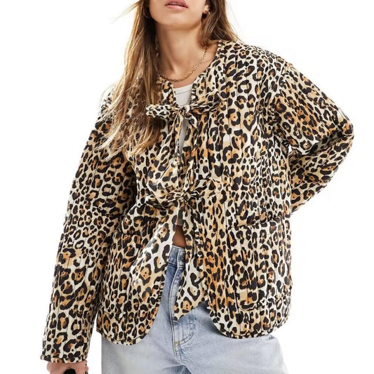 Ropa de mujer de otoño Chaqueta de algodón con estampado de leopardo y dos encajes Abrigo acolchado de algodón