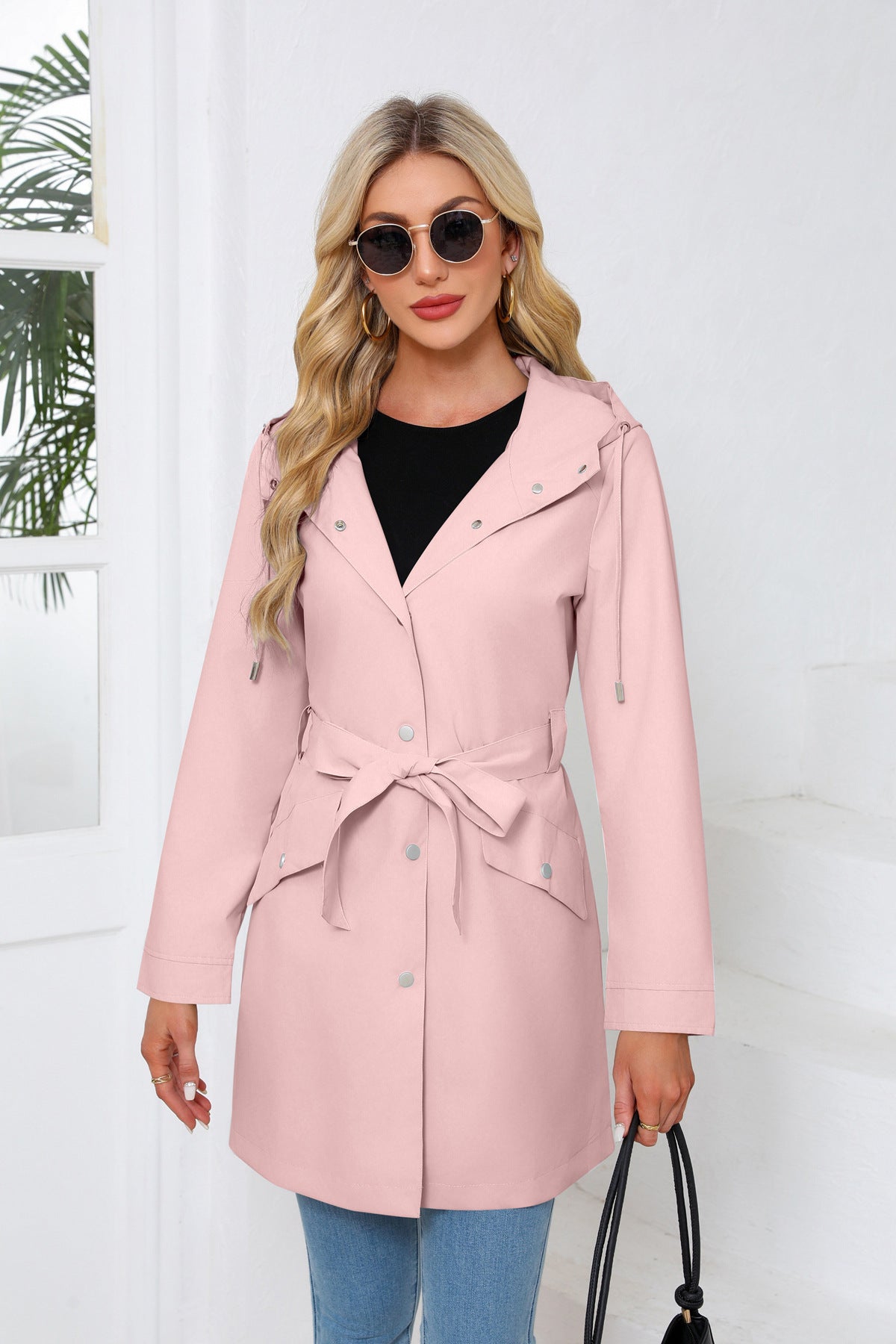 Spring Autumn Hooded Waterproof Coat Containing Belt Thin Casual Loose Trench Coat Women