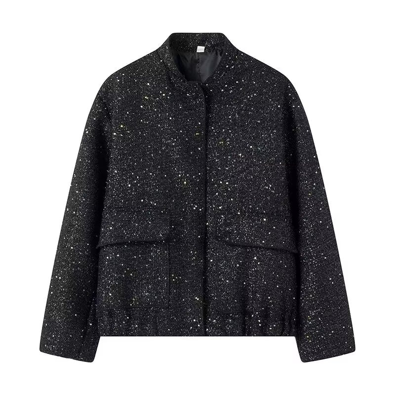 Women Clothing Autumn Winter Street Stand Collar Long Sleeve Sequined Varsity Jacket Coat