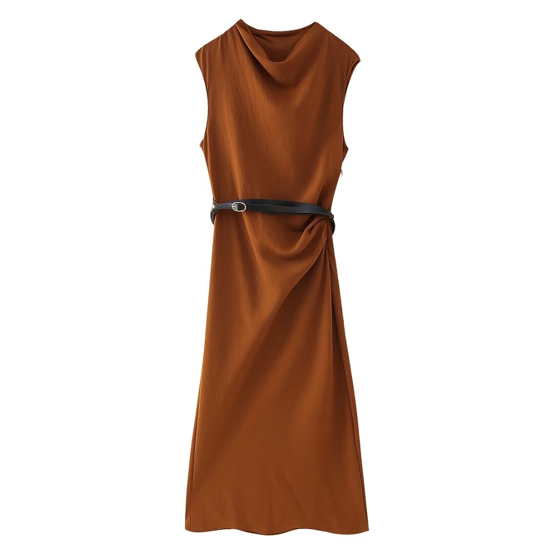 Robe mi-longue simple et fine avec ceinture pour femme, vêtement d'automne