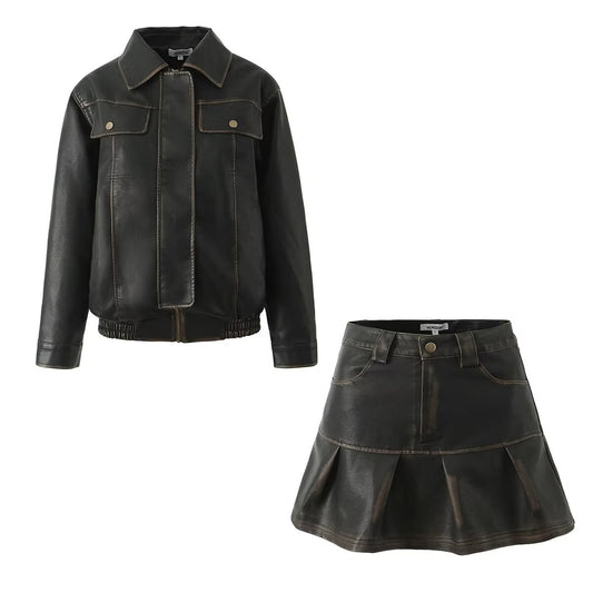 Autumn Motorcycle Washed Colored Leather Coat Pleated Retro Leather Short Pantskirt Sets