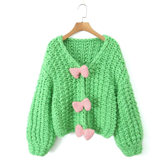 Autumn Two Color Handmade Bow Sweater Coat Cardigan