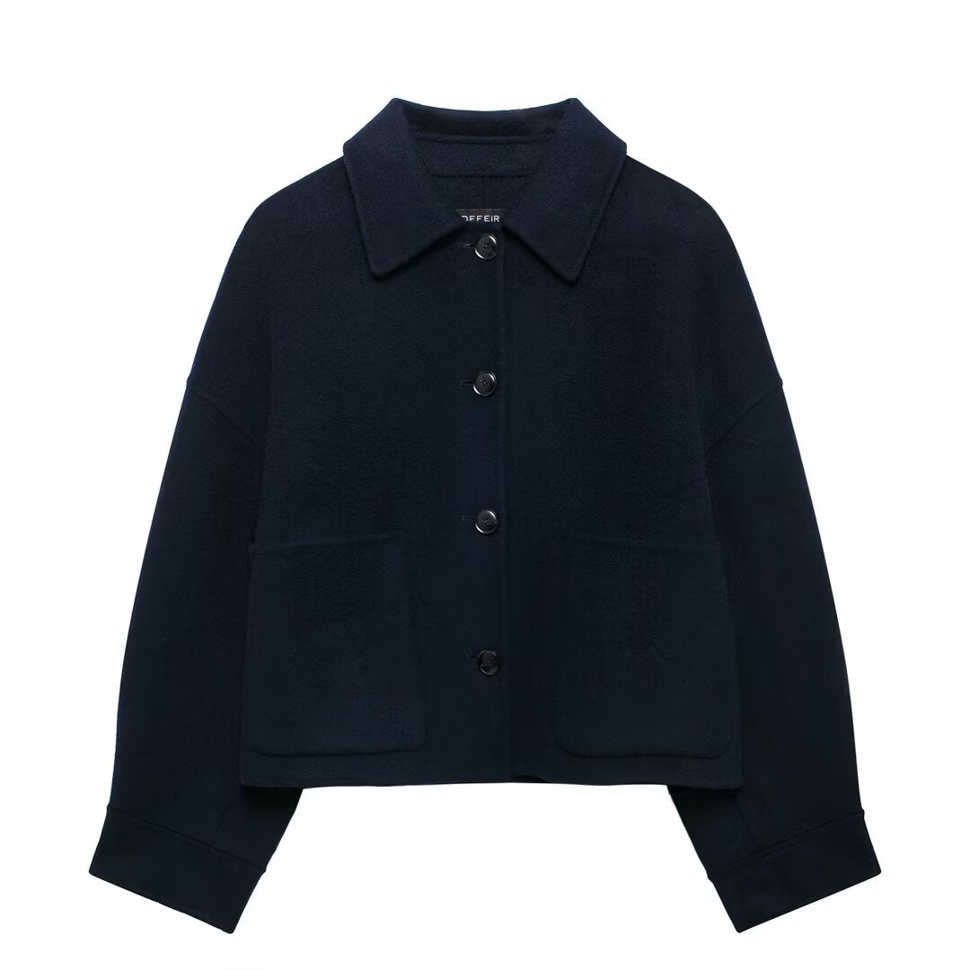 Manteau en laine à col polo de couleur unie pour femme, vêtement d'automne et d'hiver