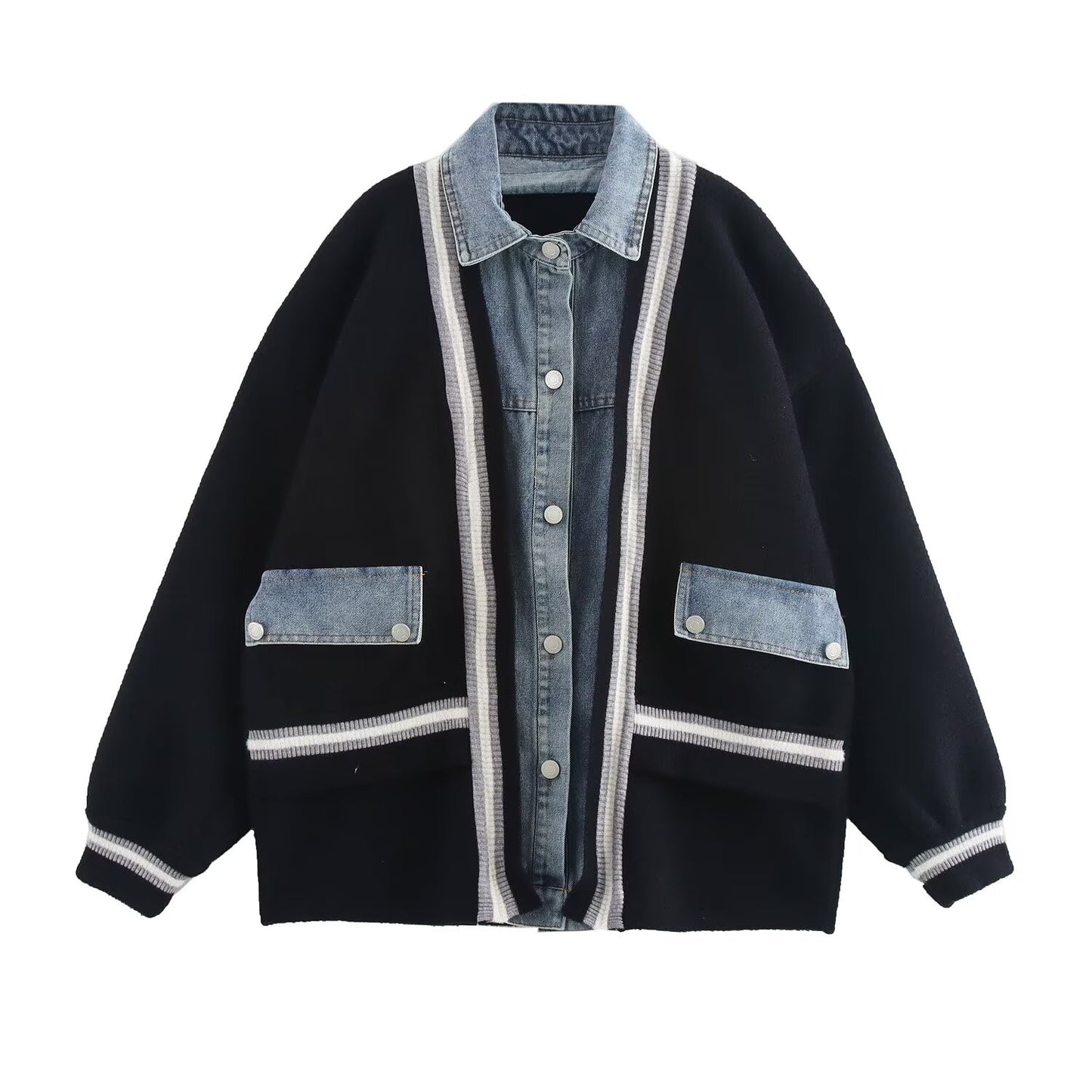 Fall Women Clothing Denim Stitching Heavy Work Sweater Shirt Collar Striped Cardigan Coat