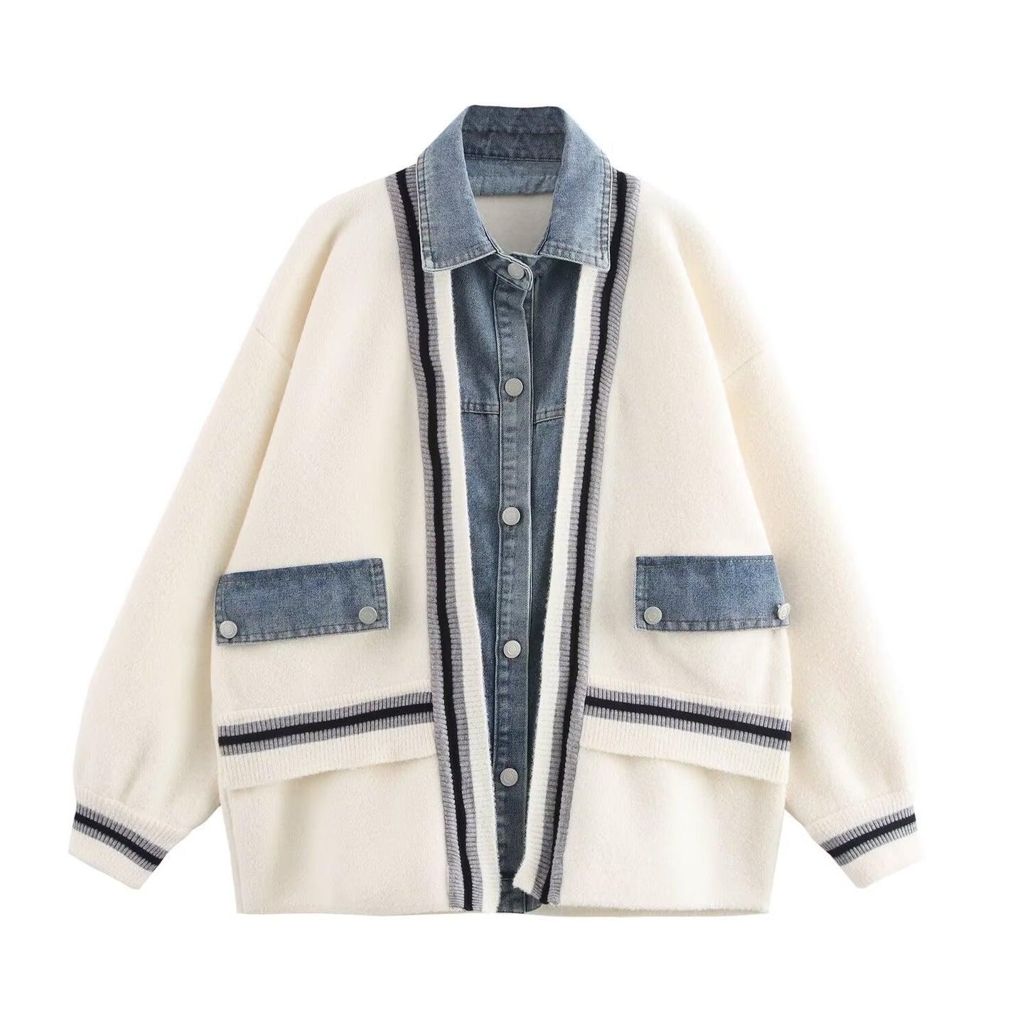 Fall Women Clothing Denim Stitching Heavy Work Sweater Shirt Collar Striped Cardigan Coat