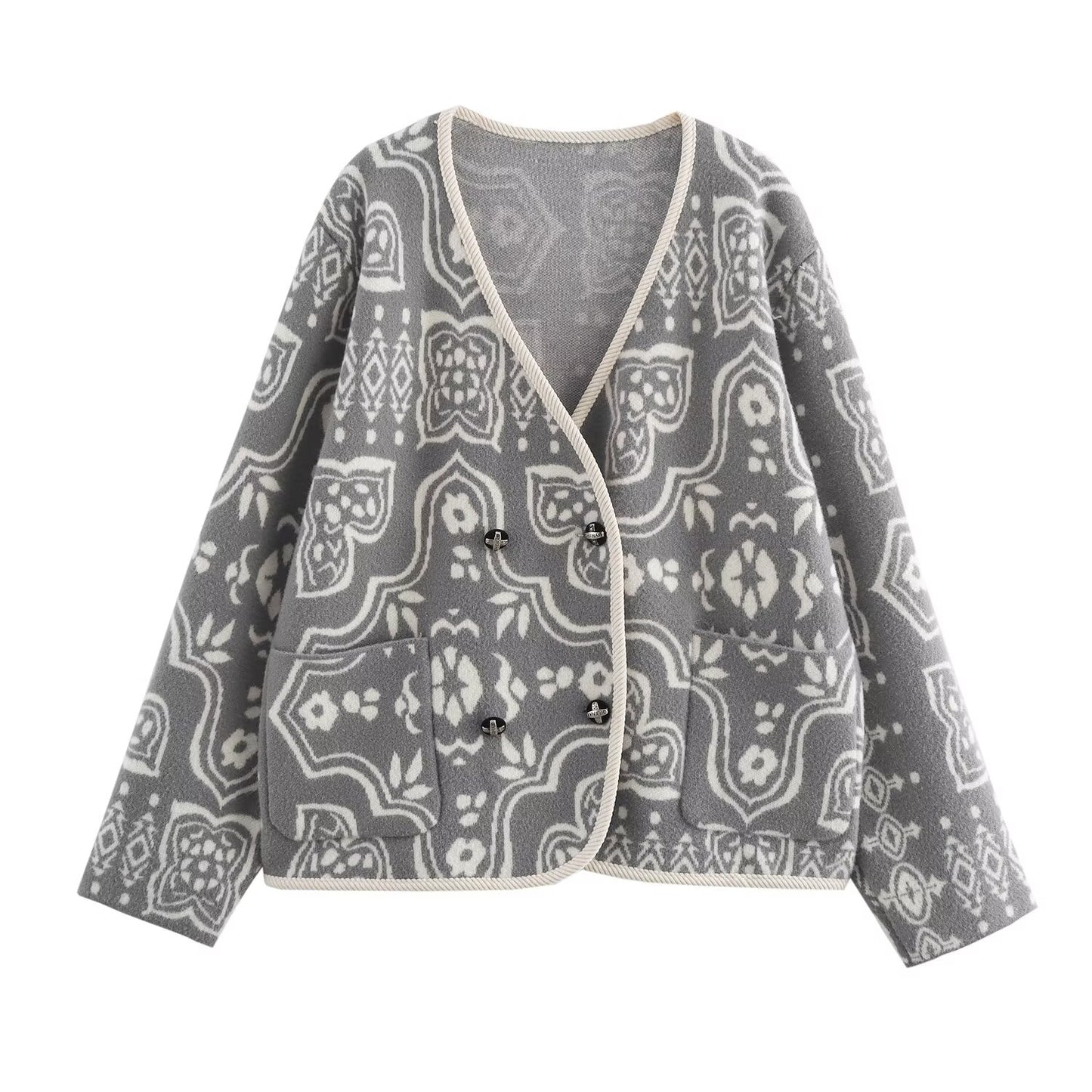 Fall Women Clothing Double Sided Cotton Jacquard V Neck Long Sleeve Knitted Cardigan