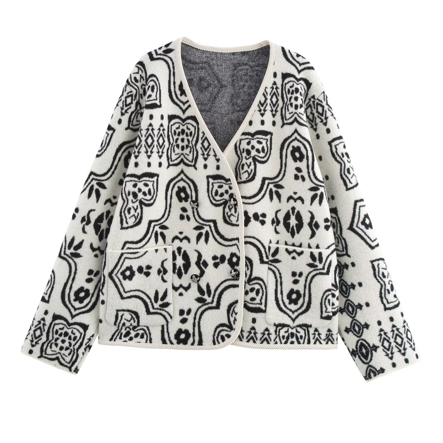 Fall Women Clothing Double Sided Cotton Jacquard V Neck Long Sleeve Knitted Cardigan